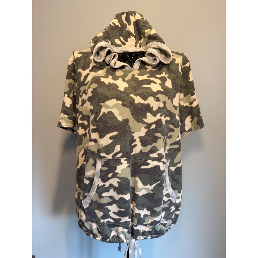 Lazy Sundays Camouflage Short Sleeve Hoodie Green Camo Drawstring Hem Large